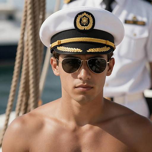 Intense Shirtless Naval Captain Pose