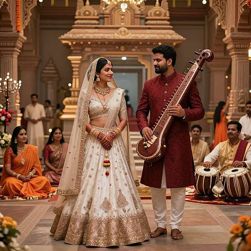 Photograph of a traditional Indian wedding: Bride in white embroidered saree and jewelry, groom in maroon kurta playing tanpura, ornate