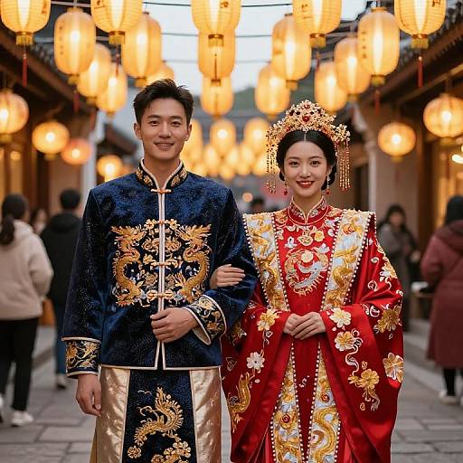 Photograph of an Asian couple in traditional Chinese attire; man in navy dragon-embroidered jacket, woman in red floral embroidered qipao,
