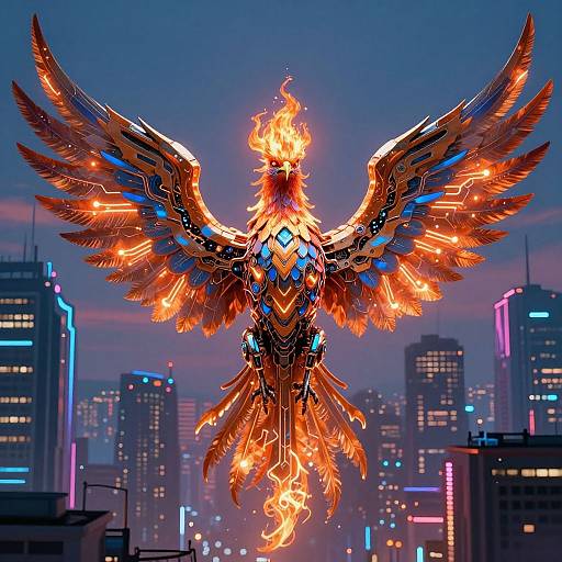 Digital artwork of a fiery, mechanized phoenix with glowing orange and blue wings soaring above a neon-lit cityscape at dusk.