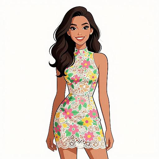 Digital illustration of a smiling, dark-haired woman in a sleeveless, white lace floral dress with vibrant yellow, pink, and green flowers.