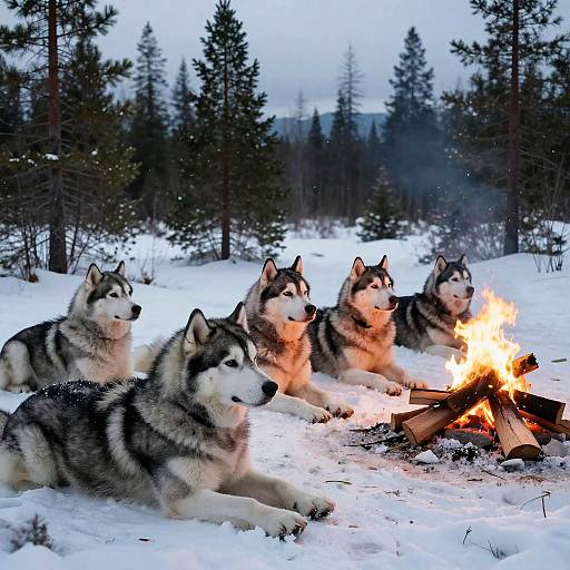 Alaskan Malamutes Resting by Campfire