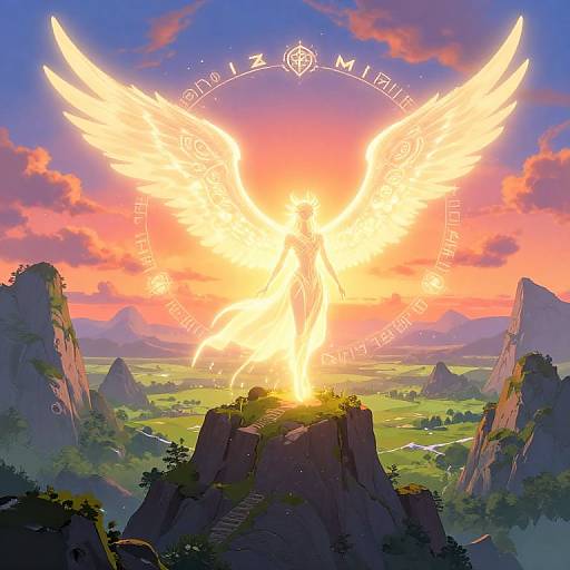 Digital artwork of a radiant, glowing angel with large wings rising from a mountain peak against a vibrant, sunset sky and lush valley. Zodiac symbols and mystical