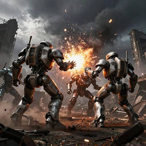 Dynamic CGI battle scene: three metallic, robotic soldiers clash with explosive gunfire in a smoky, war-torn urban landscape.