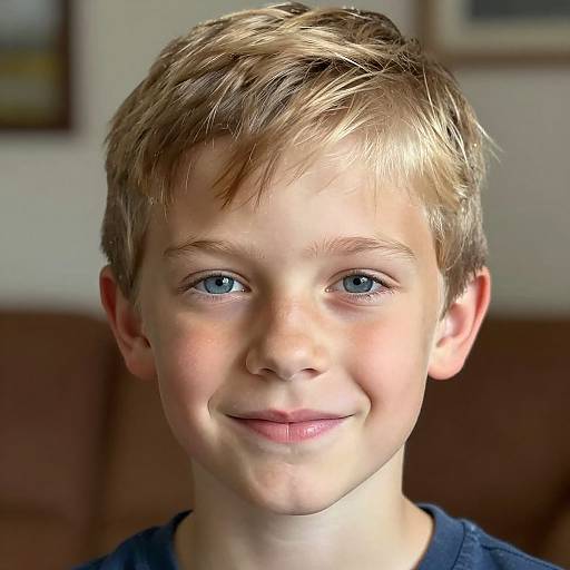 Close-up photograph of a young boy with blonde hair, blue eyes, and a slight smile, wearing a blue shirt, against a blurred indoor background.