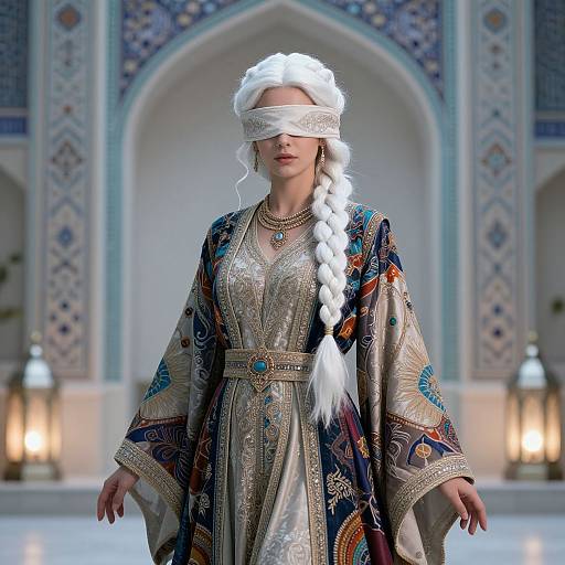 Photorealistic digital image of a blindfolded woman in a detailed, ornate blue and gold traditional dress, with a long white braid,