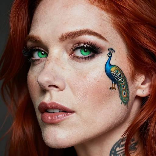 Photograph of a fair-skinned woman with red hair and green eyes, featuring a colorful peacock tattoo on her right cheek, looking intently at
