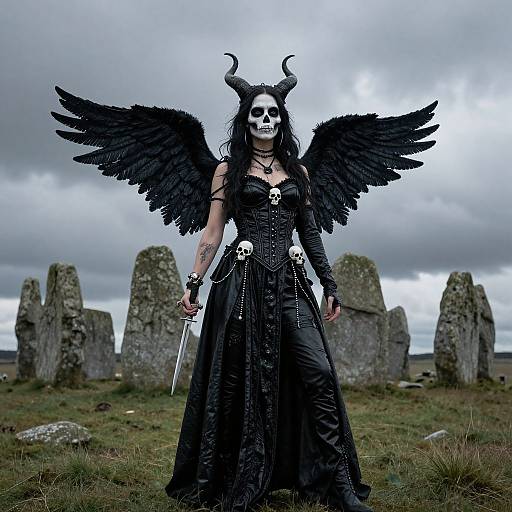 Photograph of a pale-skinned woman with black wings, horns, skull mask, black dress, and skull belt, holding a sword, standing in