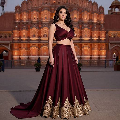 Photograph of a beautiful woman with long black hair in a maroon crop top and long skirt with gold embroidery, standing in front of a lit,