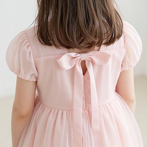 Photograph of a young girl with shoulder-length brown hair, wearing a pale pink, short-sleeved dress with a large bow at the back.
