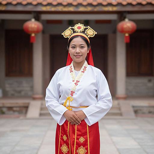 Photograph of an Asian woman in traditional white and red Chinese attire, gold headpiece, red veil, standing in front of a traditional Chinese building with