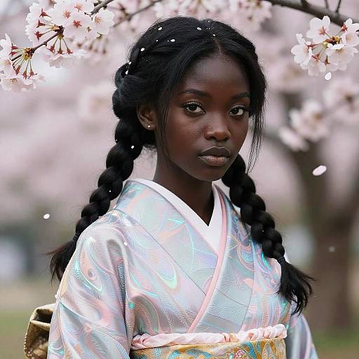 Photograph of a beautiful Black woman with dark skin, long braided hair, wearing a shimmering silver kimono, standing under blooming cherry bloss