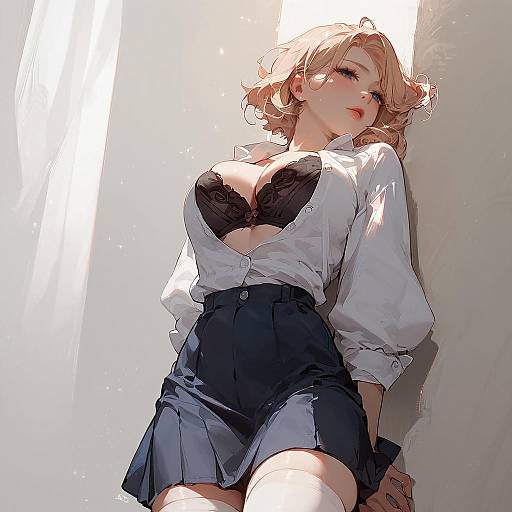 Blonde Woman in Black Bra and Skirt Leaning Against Wall