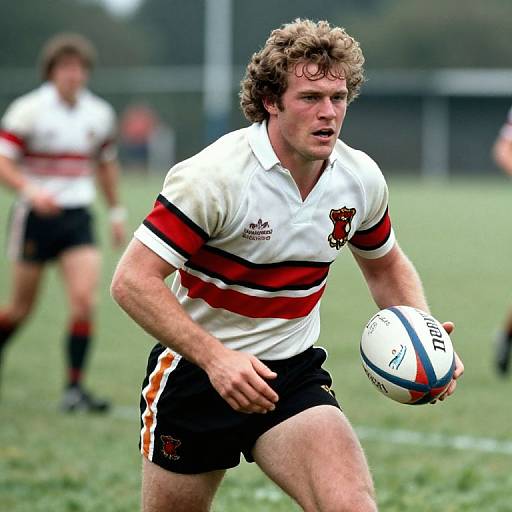 Photograph of a muscular, curly-haired male rugby player in white and red jersey, black shorts, holding a rugby ball, focused expression, blurry background