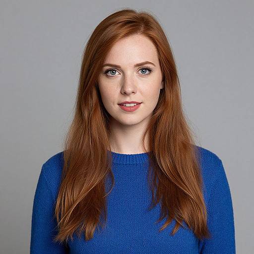 Photograph of a fair-skinned, red-haired woman with blue eyes, wearing a blue knit sweater, against a plain gray background.