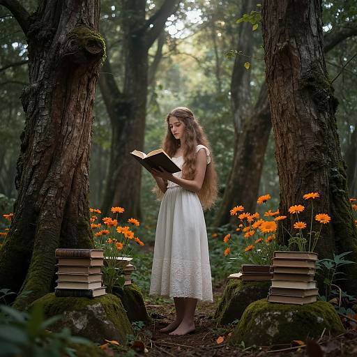 Photograph of a long-haired, barefoot woman in a white dress reading a book in a forest, surrounded by orange flowers and stacked books on moss