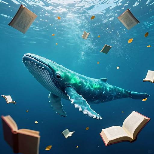 Photograph of a large, blue-green humpback whale swimming underwater, surrounded by floating open books and orange leaves, with sunlight filtering through the water
