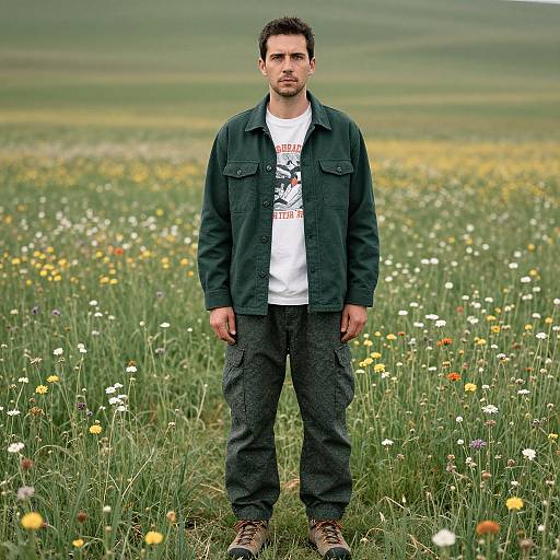 Photograph of a serious, dark-haired man in a green jacket, white t-shirt, and dark pants standing in a colorful, wildflower-filled me