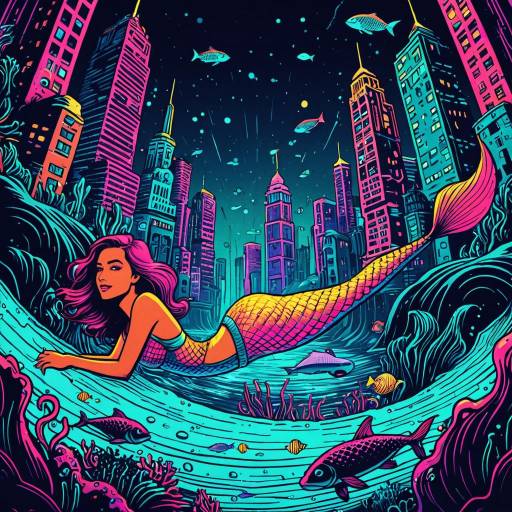 Neon-lit Underwater City with Mermaid