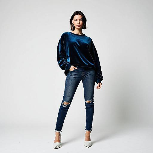 Stylish Woman in Velvet Sweatshirt and Ripped Jeans
