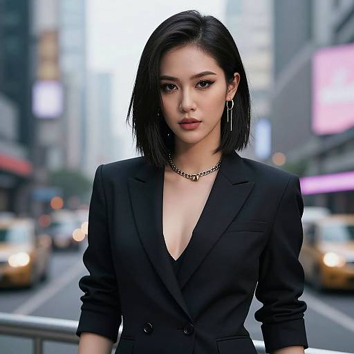 Photograph of an Asian woman with straight black hair, wearing a black blazer with a deep V-neck, silver chain necklace, and earrings, standing