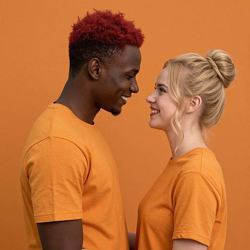 Photograph of a smiling Black man with red curly hair and a white blonde woman with a bun, both wearing orange t-shirts, facing each other against