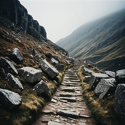 Stony Mountain Pathway in Misty Landscape