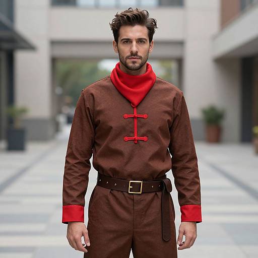 Photograph of a handsome, bearded man with dark hair wearing a brown, red-Trimmed medieval-style tunic with toggle fasteners, standing