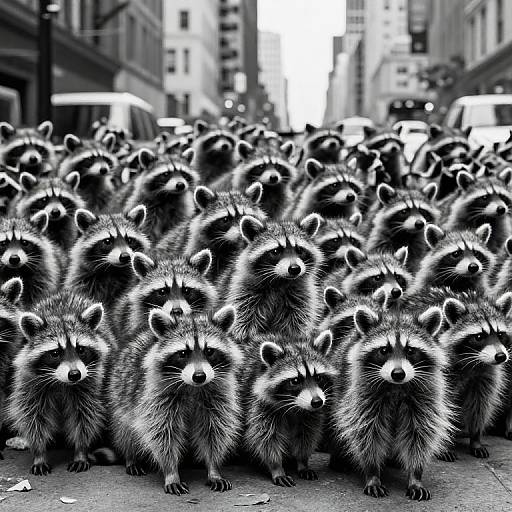Photograph of a dense group of raccoons with black and white striped faces, standing in a city street, blurred background of buildings and cars.