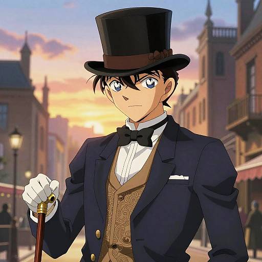 Anime-style drawing of a handsome young man in a black top hat, formal navy suit, brown vest, white gloves, holding a cane, set against