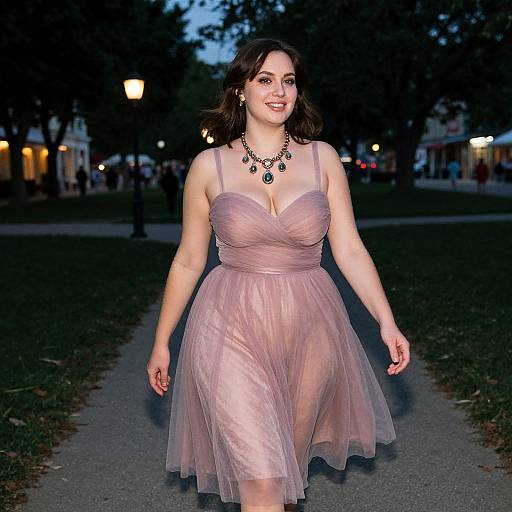 Photograph of a smiling woman with fair skin and dark brown hair, wearing a pink, strapless, ruffled dress and green necklace, walking on