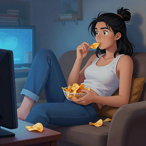 Digital illustration of a young woman with black hair in a bun, wearing a white tank top and blue jeans, eating potato chips while watching TV on a