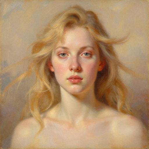 Digital painting of a young, fair-skinned woman with wavy blonde hair, blue eyes, and pink lips, set against a soft, beige background