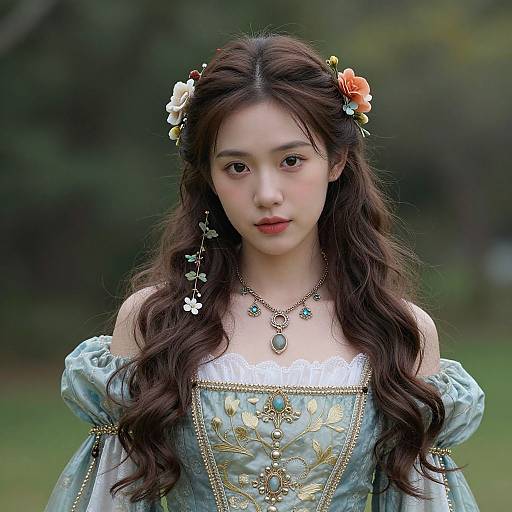 Photograph of an East Asian woman with long, wavy dark hair adorned with flowers, wearing a detailed, off-shoulder, light blue,