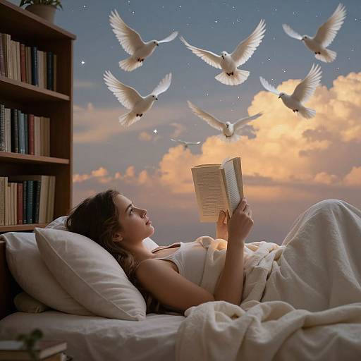 Woman Reading in Bed with Imaginative Doves
