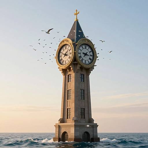 Photograph of a tall, ornate clock tower with dual clocks, set in the ocean, surrounded by flying birds against a sunset sky.