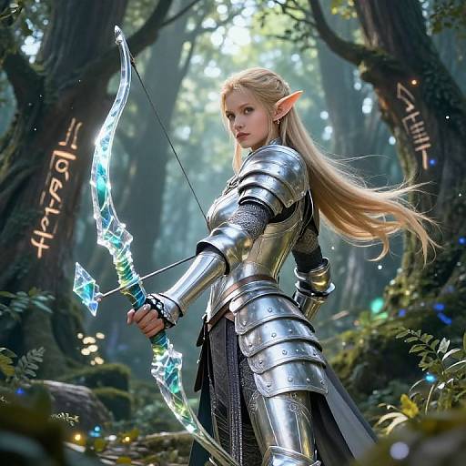 Digital art: Blonde elf archer in silver armor stands in enchanted forest, holding glowing blue bow, with runes on trees.