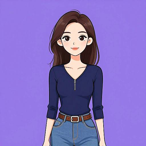 Digital anime-style drawing of a cute, fair-skinned woman with brown hair, wearing a navy zip-up shirt and blue jeans, against a solid purple