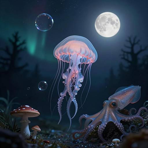 Glowing Jellyfish and Octopus Under Full Moon
