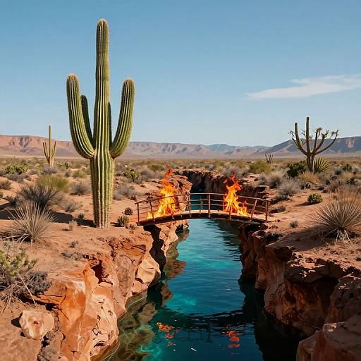 Surreal Cactus Bridging Fire and Water