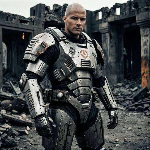 Bald Soldier in Heavy Armored Exosuit in War Ruins