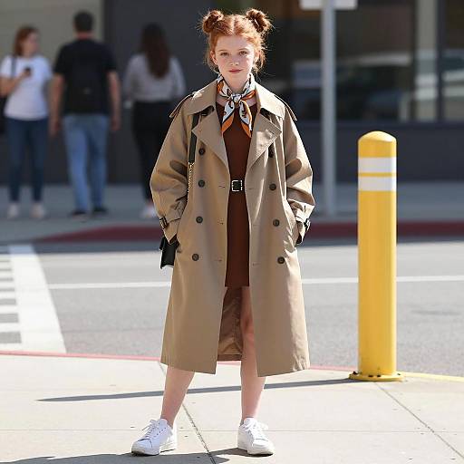Young woman in trench coat on city sidewalk