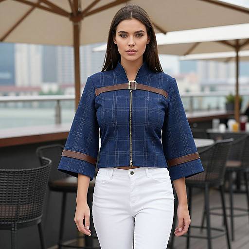 Photograph of a brunette woman with straight hair, wearing a navy plaid blouse with brown straps and white high-waisted pants, standing outdoors at