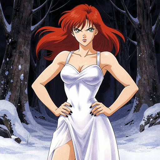 Anime-style digital drawing of a fierce red-haired woman with green eyes, wearing a white, strapless, thigh-high slit dress, standing in a snowy