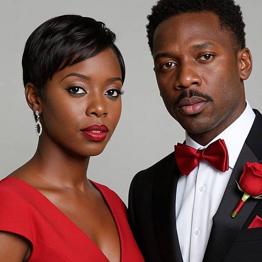 Photograph of a poised Black couple in formal attire; she wears a red dress, he in a black tuxedo with red bow tie and rose
