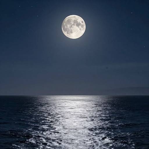 Photograph of a full moon illuminating a dark, reflective ocean with a shimmering silver path under the night sky.