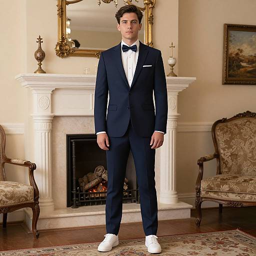 Photograph of a young man with short dark hair, wearing a navy suit, white shirt, black bow tie, and white sneakers, standing in an
