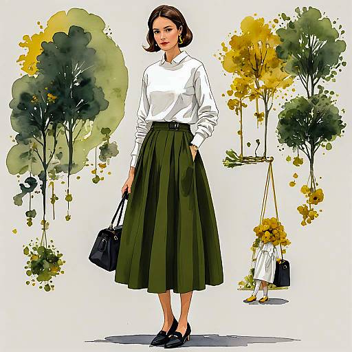 Fashion Illustration of Woman in Olive Skirt