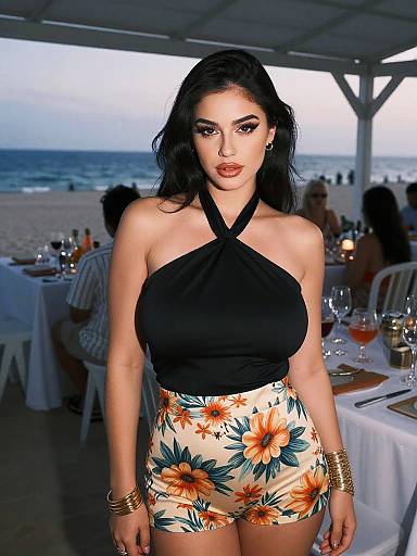 Photograph of a curvy woman with olive skin, black halter top, and floral high-waisted shorts, standing in a beachside restaurant