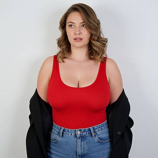 Photograph of a curvy woman with light skin, brown wavy hair, wearing a red tank top, blue jeans, and a black jacket,